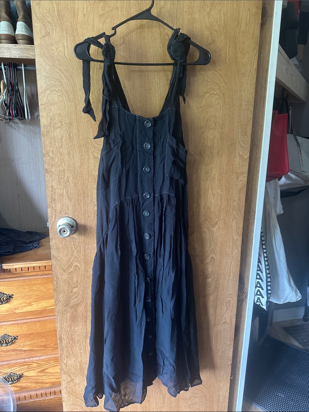 Free People Black Tie-Shoulder Button-Front Midi  Dress